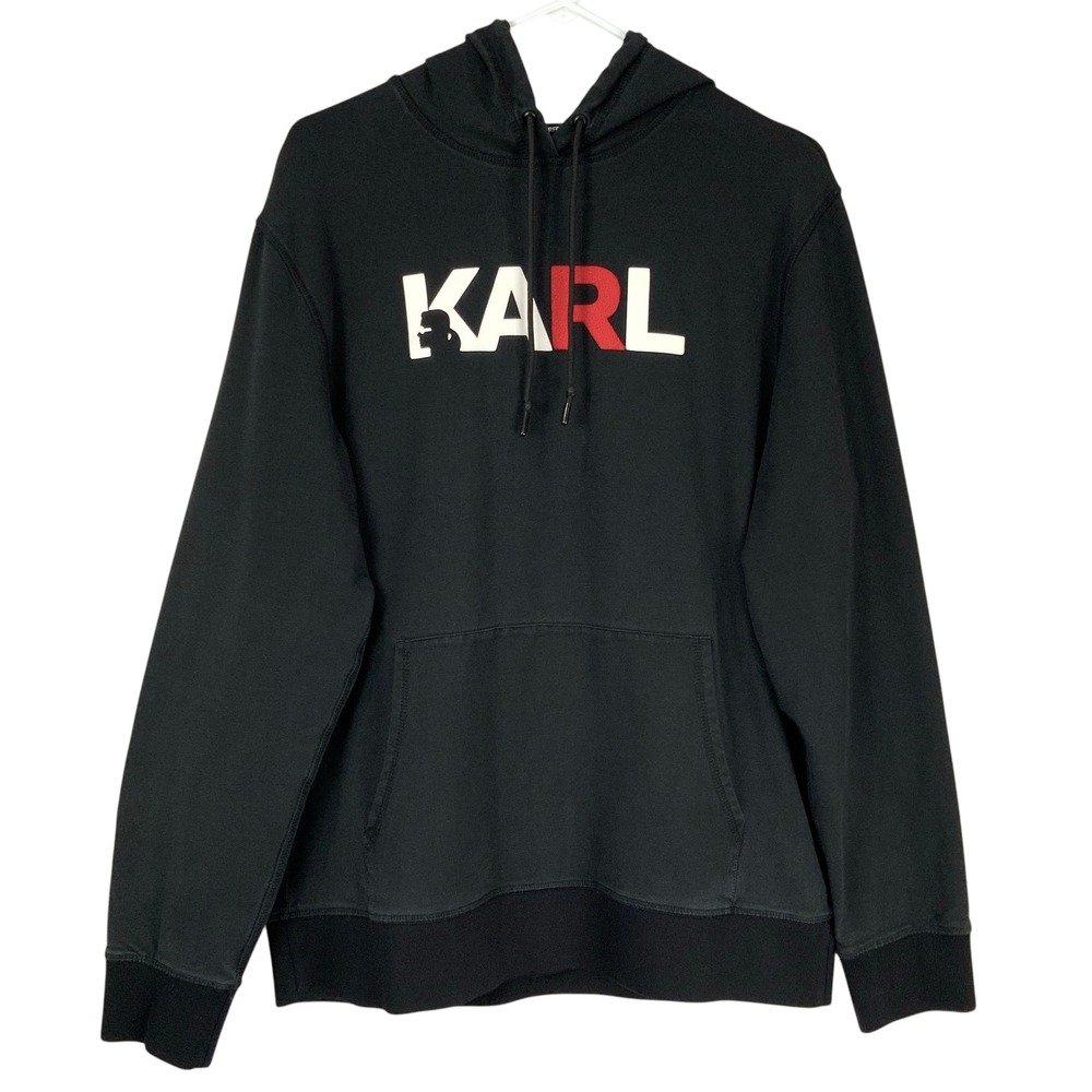 Karl Lagerfeld Paris Black Graphic Logo Hoodie Medium Pullover Long Slv Pocket